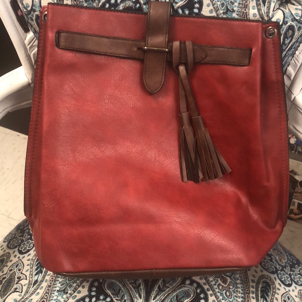 NWOT Red and Brown Leather Bucket purse.
